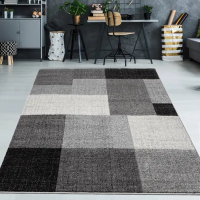 Immagine prodotto di Tappeto moderno con motivi quadrati, color crema e grigio, dimensioni: 140 x 200 cm