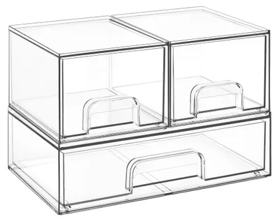 Produktbild von Aufbewahrungsboxen mit 3 Schubladen, transparenter Organizer für den Schminktisch, rutschfester Schubladenorganizer, zur Verwendung im Badezimmer, auf dem Schminktisch oder auf dem Schreibtisch.