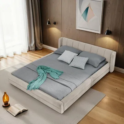 Immagine prodotto di Letto matrimoniale 140×200 cm, tessuto in ciniglia, comodo schienale, robusta struttura in eucalipto e ferro, facile da montare, beige (senza materasso)