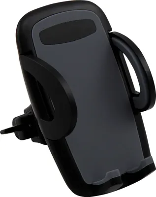 A black and gray car phone holder is shown against a white background.