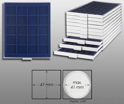 Produktbild von Prophila Collection Münzbox grau 20 eckige Fächer für Münzen oder Medaillen bis 47 mm, Blaue Einlage