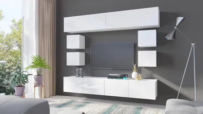 Produktbild von Wohnwand Wohnzimmer -Set 8tlg Medienwand CALABRIA 10 Weiß matt / Weiß hochglanz