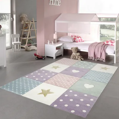 Zdjęcie produktu dla Dywan do pokoju dziecięcego dywan do zabawy serce gwiazda kropki wzór kremowy różowy niebieski rozmiar - 200 x 290 cm