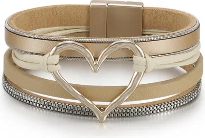 Produktbild von Boho-Armband für Damen, khaki, Herz, Leder, Goldverschluss, Geschenk