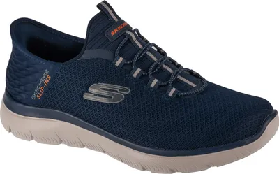 A side view of a blue Skechers sneaker.