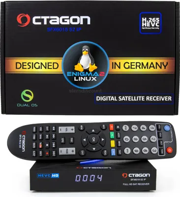 Product packaging and the satellite receiver with its remote control.