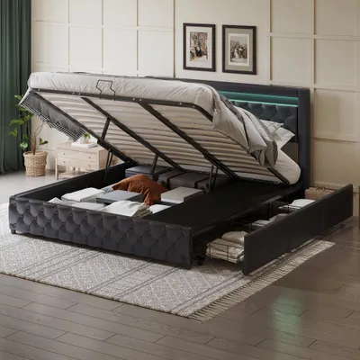 Produktbild von AIORBER Polsterbett, Doppelbett, 180x200 cm, mit Lattenrost&Stauraum, Kunstleder, hohes Kopfteil mit LED-Beleuchtung, Bettkasten & 2 Schubladen, Schwarz