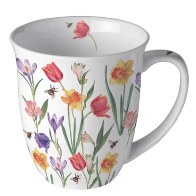 Produktbild von Tasse aus Porzellan Flowers in spring - Frühlingsblumen und Bienen 0,4L, Höhe 10,5cm Ambiente Tasse Kaffeetasse Teetasse Frühling