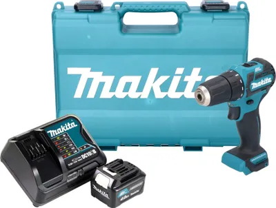 A Makita cordless drill kit including the drill, battery, charger, and carrying case, displayed on a white background.