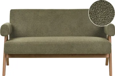 Produktbild von BELIANI 2-Sitzer Sofa Grün Bouclé-Stoff Gepolstert mit Armlehnen Teddy-Optik Dunkle Holzbeine Freistehend Retro-Design Wohnzimmersofa Polstersofa