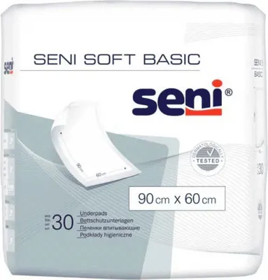 The image shows the packaging of Seni Soft Basic underpads.