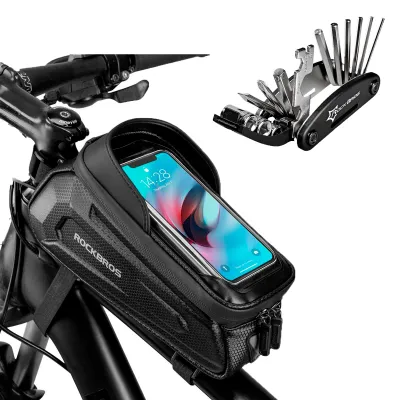 Produktbild von ROCKBROS Fahrrad Multifunktionswerkzeug 16 in 1 Reparatur Werkzeug Set mit Oberrohrtasche 1,7L Touchscreen Handytasche Schwarz