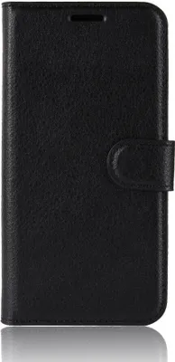 A black leather flip case for a smartphone, shown closed.