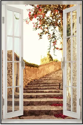 Produktbild von Wallario Wandbild mit Fenster-Illusion: Steinerne Treppe in Italien, Größe: 61 x 91,5 cm, Poster mit schwarzem Aluminiumrahmen