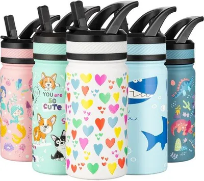 Produktbild von Kindertrinkflasche 420ml Edelstahl mit Strohhalm