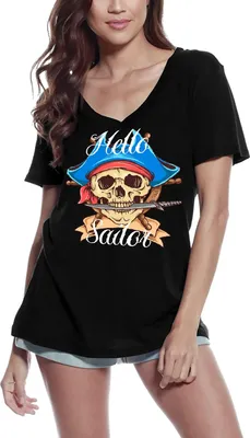 Produktbild von Damen Grafik T-Shirt V-Ausschnitt Hallo Matrose - Pirat gruseliger Totenkopf – Hello Sailor - Pirate Scary Skull – Öko-Verantwortlich Vintage Jahrgang