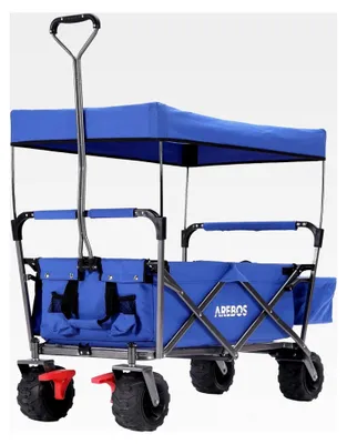 Produktbild von Faltbarer Bollerwagen mit Dach | Handwagen | Transportwagen mit 2 Netztaschen und einer Außentasche | Vorderradbremse | klappbar | Vollgummi-Reifen | Tragkraft bis 100 kg | Blau