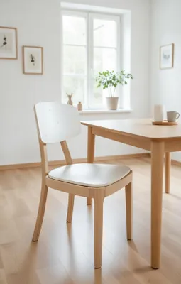 Produktbild von Komfortabler Stuhl aus Naturholz mit weißer Sitzfläche und Rückenlehne