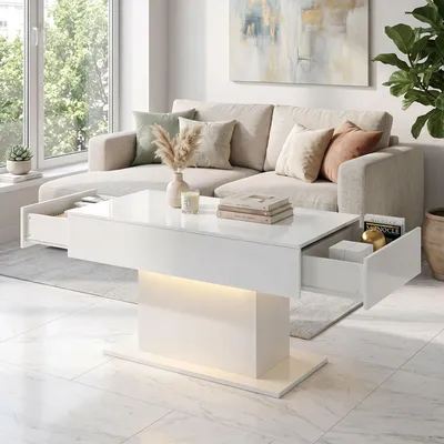 Produktbild von Couchtisch mit LED-Beleuchtung & Stauraum, Wohnzimmertisch, 2 Schubladen, Hochglanz, Weiß | 108 x 48 x 55 cm | RGB, Fernbedienung