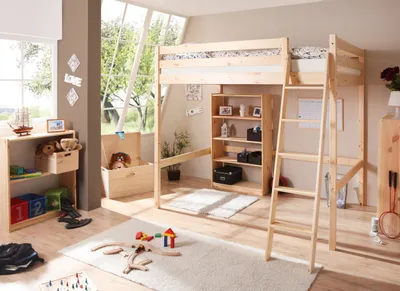A child's bedroom with a loft bed, bookshelf, and toys.