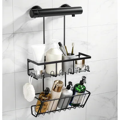 Image de Étagère de douche à suspendre, noire, lot de 2, à deux niveaux, avec crochets