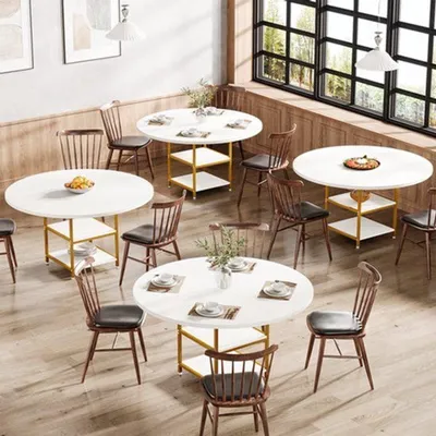 Image de Table - Ronde, diamètre 120 cm - Blanche - Plateau en bois et structure en métal - Pour 4 personnes - Design scandinave