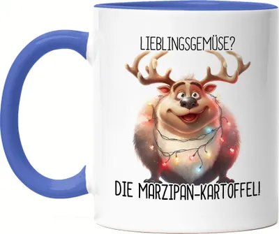 Produktbild von Lieblingsgemüse Marzipankartoffel Lustiges Rentier Tasse Blau Lichterkette Adventsgeschenk
