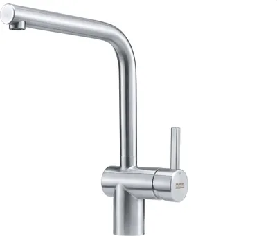 A close-up studio shot of a stainless steel kitchen faucet against a white background.