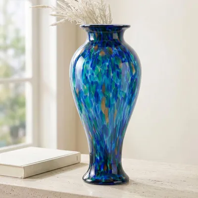 Glasvase, mundgeblasen, 50,8 cm, blaugrün, modern