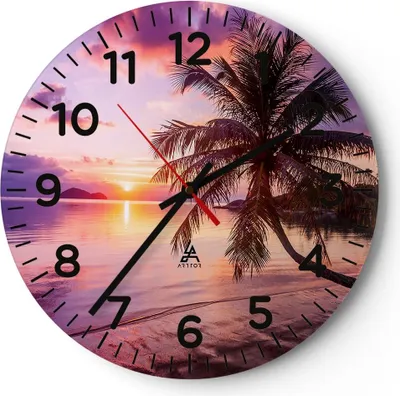 Produktbild von Wanduhr - Rund - Glasuhr - Strand Meer Palme - 30x30cm - Schleichendes Uhrwerk - Lautlos - zum Aufhängen bereit - Dekoration Modern - Wanddekoration aus Glas - C4AR30x30-3912
