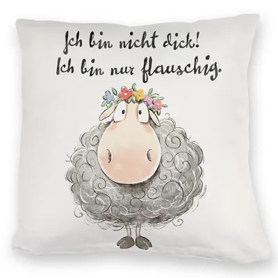 Produktbild von Schaf Kuschelkissen mit Spruch Nicht dick nur flauschig