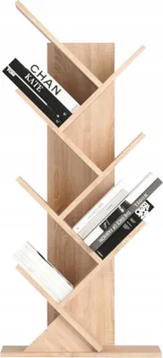 A wooden tree-shaped bookshelf with books on its shelves.