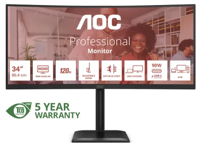 Produktbild von AOC CU34E4C, 86,4 cm (34"), 3440 x 1440 Pixel, UltraWide Quad HD, LED, 4 ms, Schwarz