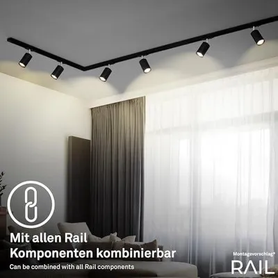 Obrázek produktu pro - Kompletní sada kolejnicového systému, 6 otočných bodových světel s paticí GU10, tvar L, systém kolejnic pro strop, reflektor, stropní svítidlo, bodové světlo, délka 3 metry, černá barva
