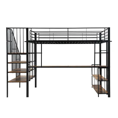 Produktbild von Flieks Etagenbett 120x200cm mit Schreibtisch und Ladefunktion, Jugendbett Metallbett mit Kleiderstange und Ablagen, Kinderbett Metallbett, Schwarz