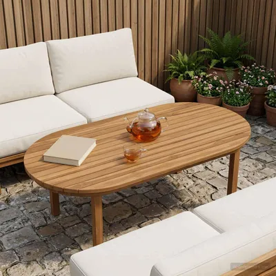 Immagine prodotto di Piano del tavolo: 100 x 50 x 3,5 cm. Forma: ovale. Materiale: legno di teak massello