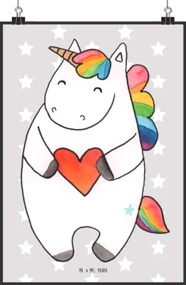 Produktbild von Mr. & Mrs. Panda Bild Einhorn Herz DIN A2 - Grau Pastell - Geschenk, wanddeko, Lustig, Plakat, kunstdruck poster, Unicorn, Einhörner, Freundin, drucke, Wandbild