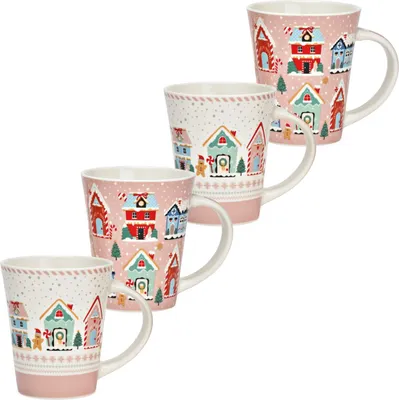 Produktbild von Weihnachtsdorf Weihnachts-Tassen 4er Set rosa bunt in 10 cm, 350 ml