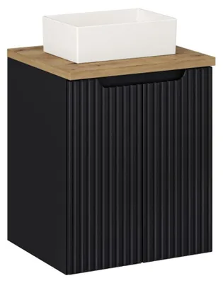Image de Ensemble VANO 50cm : meuble sous vasque à placards + plan pour vasque aspect chêne clair + vasque à poser rectangulaire blanche