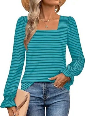 Image de ASKSA Femme T-shirt manches longues rayé encolure carrée manches bouffantes Automne Elégant Tunique décontractée Hauts (Bleu foncé,L)