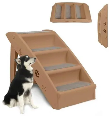 Produktbild von Famanu Tiertreppen für kleine Hunde, Haustiertreppe, 4 Stufen, Katztreppen für alte Katzen, aufklappbare Hundetreppe für Bett, 50 cm hoch,