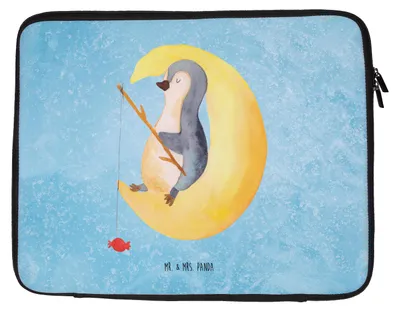 Produktbild von Mr. & Mrs. Panda Laptop Tasche Pinguin Mond 27 x 36 cm - Eisblau - Geschenk, Hülle, Süßigkeiten, Pinguine, Spruch, Erschöpft, Laptoptasche, Sleeve, Laptophülle