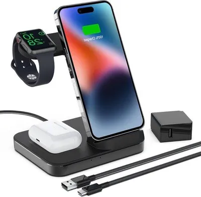 Image de Station de recharge universelle pour iPhone 13 Pro Max 12 - Chargeur rapide pour AirPods 3 Pro - Apple Watch 7 SE - avec chargeur rapide 18 W et adaptateur QC 3.0