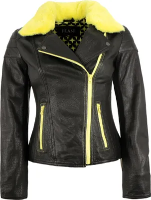 Produktbild von Jilani - Damen Lederjacke Bikerjacke Lammnappa schwarz / gelb : 46