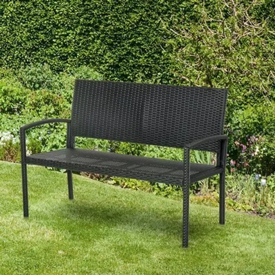 Obrázek produktu pro Zahradní lavička – 122x60x85 cm – ocelová konstrukce – polyratan – dvojitá opěrka zad