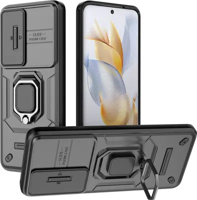 Immagine prodotto di Custodia per Honor 90 a doppio strato con protezione scorrevole della fotocamera e supporto ad anello, supporto nero
