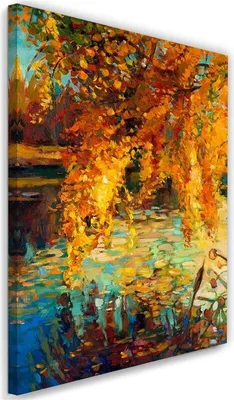 Produktbild von Leinwandbild gemalter herbst an einem see 60x90 cm Feeby gelb wandbild bereit zum aufhängen