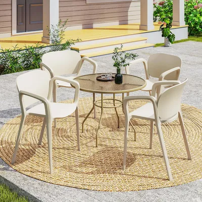 Produktbild von Gartenstuhl 4er Set stapelbar Kunststoff wetterfest, Balkonstühle UV-beständig mit Armlehne, Weiß | 60 x 56 x 75 cm | bis 120 kg | 46 cm Sitztiefe