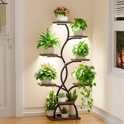 Produktbild von Pflanzenständer mit Pflanzenlampe – Blumenständer mit 8 Ebenen, 124 cm hoch, aus Metall und Holz – Blumenregal für drinnen und draußen – Dekoratives schwarzes Blumenregal für Zimmerpflanzen und Balkon