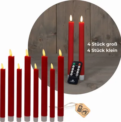 Produktbild von Sparset Stabkerzen LED mit Timer Klein+Groß ROT 8 Stück ROT indoor - 6 Stunden - ECHTWACHS 18cm+23cm Höhe für Kerzen 2,2cm Durchmesser 2 AAA Batterien notwendig LED Stabkerzen flackernde Flamme